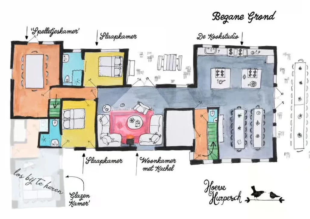 Plattegrond van de begane grond van ’t Grote Vakwerkhuis: kookstudio, woonkamer met kachel, twee slaapkamers en de spelletjeskamer, met de glazen kamer los te huur