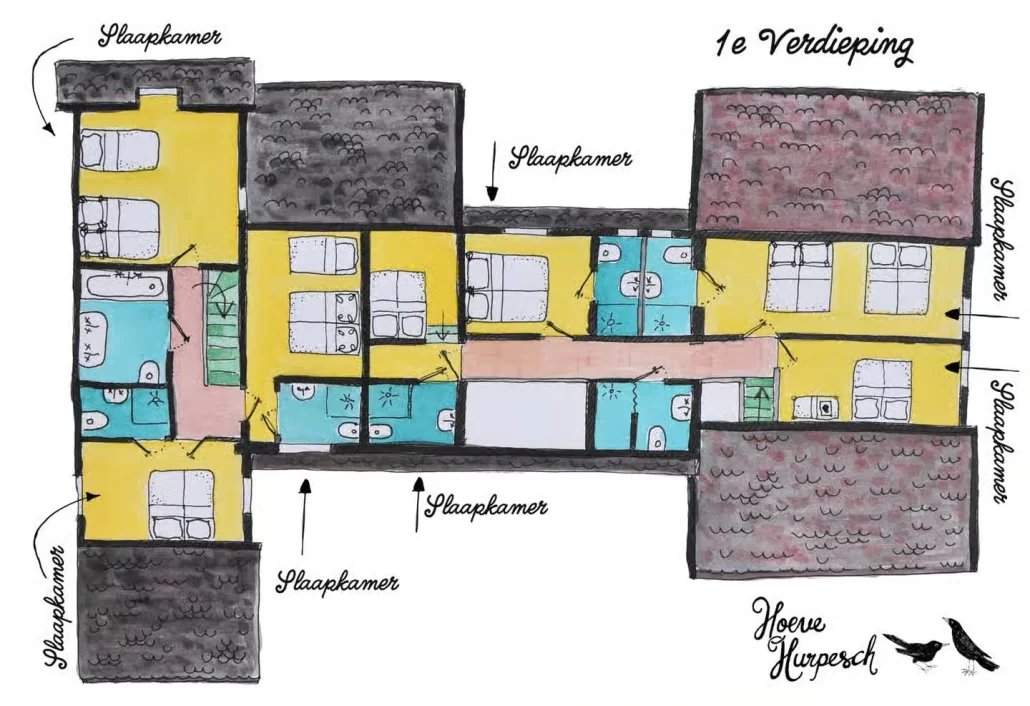 Plattegrond van de eerste verdieping van ’t Grote Vakwerkhuis met de slaapkamers en badkamers